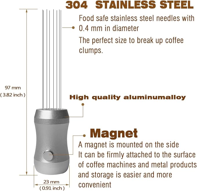 WDT Tool Espresso Distributor - Magnetic Espresso Distribution Tool with 8 x 0.4mm Stainless Steel Needles, Includes 3 Extra Replaceable Needles, Precision Espresso Stirrer (Silver)