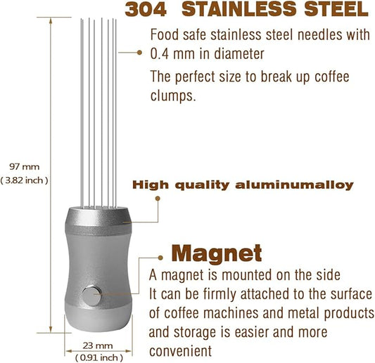 WDT Tool Espresso Distributor - Magnetic Espresso Distribution Tool with 8 x 0.4mm Stainless Steel Needles, Includes 3 Extra Replaceable Needles, Precision Espresso Stirrer (Silver)
