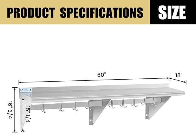 Hally Stainless Steel Shelf with 9 Hooks 18" x 60" Wall Mounted Pot Rack 450lb, NSF Commercial Floating Shelving for Storage Hanging Pots, Pans, cookware in Restaurant, Kitchen, Home and Hotel