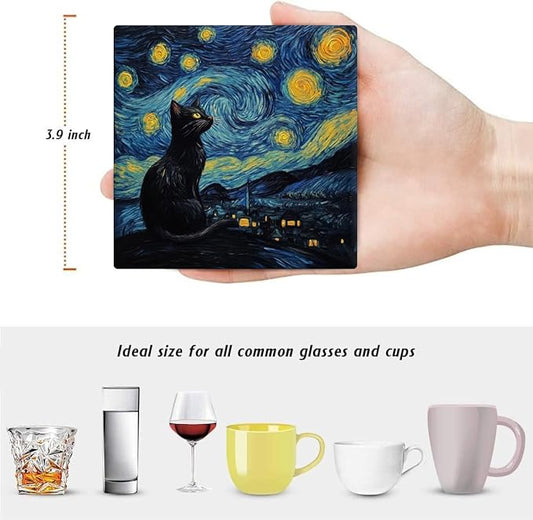 Drink Coasters for Drinks Set of 6, Art and Black Cat Absorbent Square Ceramic Stone Mat Coaster, with Cork Base and Metal Holder, Home Bar Decor House Warming Gift