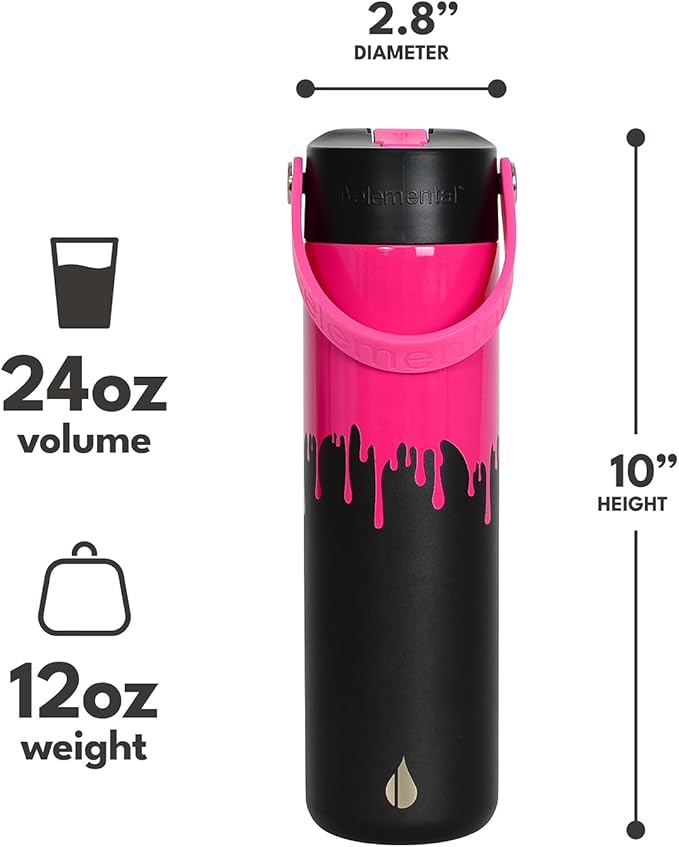 Elemental 24oz Insulated Water Bottle with Straw - 100% Leak-Proof Stainless Steel Core Water Bottles for Travel, Sports and Gym - Double Wall Insulation & BPA Free - Hot Pink Drip