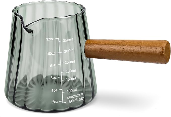 Espresso Measuring Cup 12 Oz, Espresso Glass Cups with Wood Handle, Milk Frothing Cup, Espresso Cup for Coffee, Milk, Tea or Maple Syrup Serving (Gray, 12 oz)