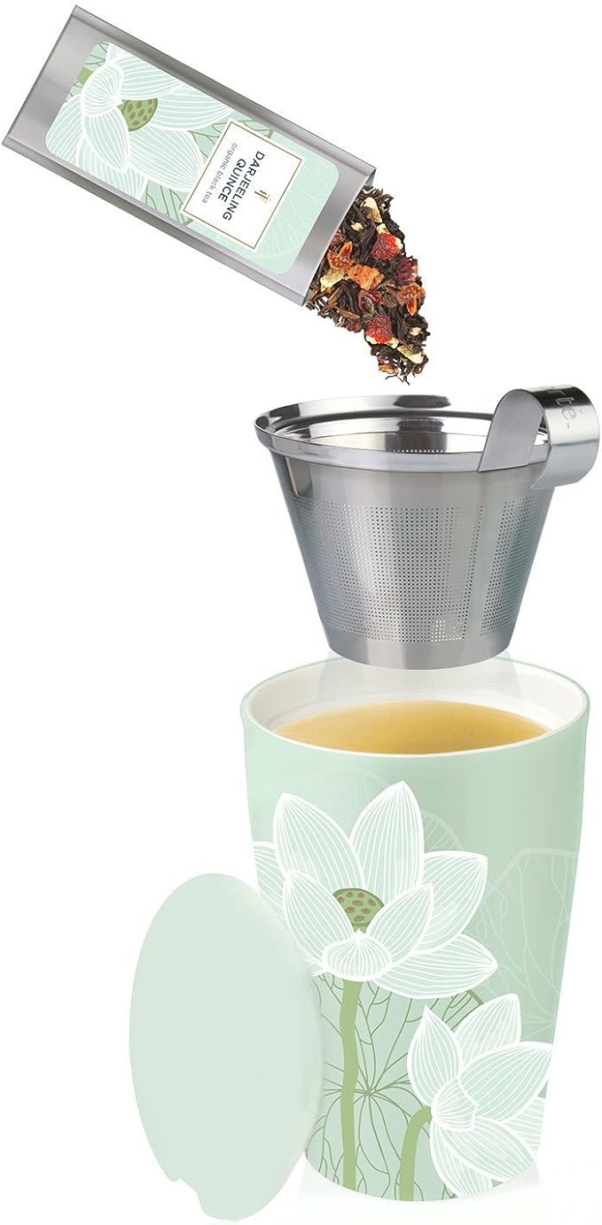 Tea Forte Double-Walled Ceramic Kati Cup, Removable Stainless Steel Infuser Basket and Lid, Steeps 12 oz Loose Leaf Tea, Dishwasher & Microwave Safe, Lotus