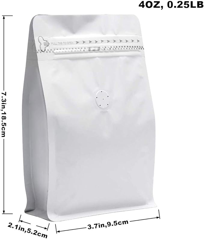 100 Pieces 4 Ounce White Kraft Paper Coffee Bags, Stand Up Coffee Pouches with One Way Degassing Valve and Reusable Side Zipper (Pull Tab to Open) Flat Bottom - Stand Up Well (4oz, 0.25lb, 100gram)