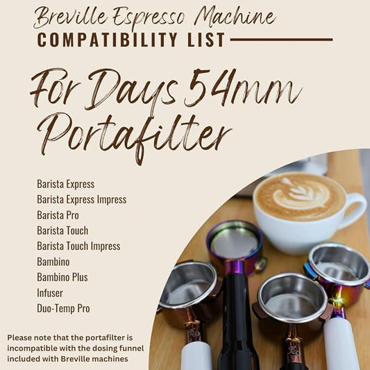 For Days 54mm Flat Base Bottomless Naked Portafilter Intended for Breville Espresso Machines, Includes Filter Basket, Wood Handle, Plastic Handle, Stainless Steel (White Handle - Rainbow)