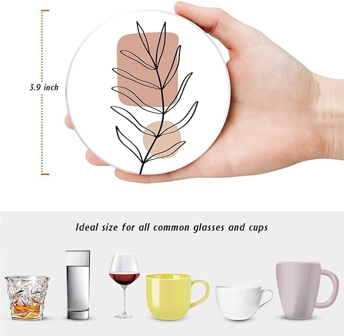 Britimes Table Coaster for Drinks Set of 6, Flowers Beauty Woman Boho One Coffee Absorbent Round Ceramic Stone Mat, with Cork Base and Metal Holder, Gift for Housewarming Room Bar Decor