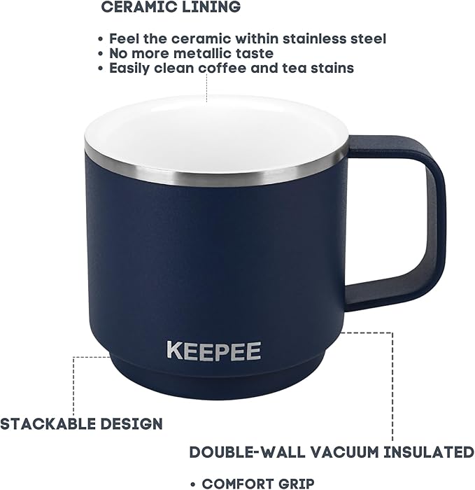 4 oz Stackable Cup with Handle, Vacuum Insulated Espresso Coffee Cup with Ceramic Coating, Stainless Steel, 2 Pack, Navy