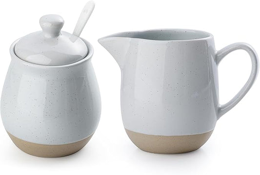 famiware Milkyway Ceramic Sugar and Creamer Set, 10oz Sugar Bowl & 13oz Creamer Set – Stoneware Milk Pitcher & Sugar Dispenser for Coffee Bar, Kitchen, or Countertop, Coffee Serving Set, Light Gray