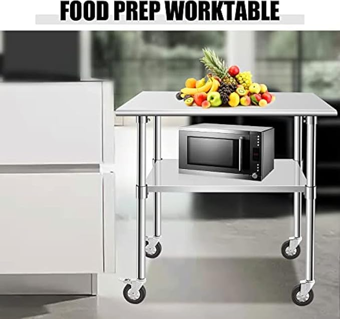 Stainless Steel Table - Metal Table Cart - Commercial Workbench with Caster Wheel - NSF Certified - for Restaurant, Warehouse, Home, Kitchen, Garage,36''x24''