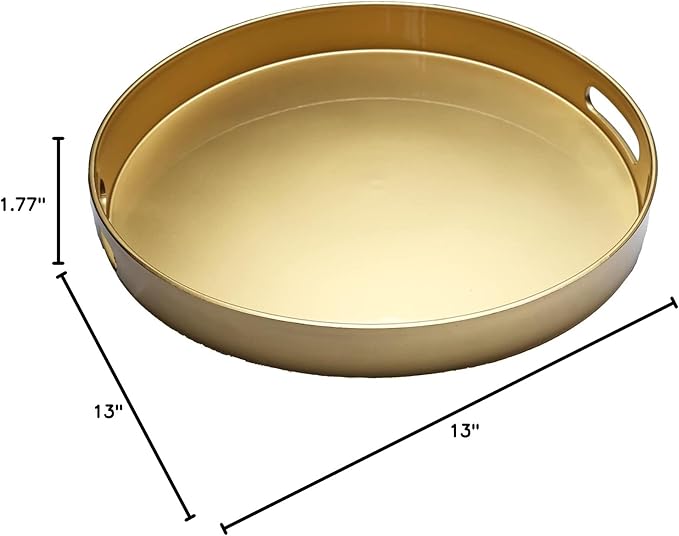 Spsyrine Round Gold Decorative Tray, 13" Plastic Serving Table Tray with Handles for Ottoman, Coffee Table, Bathroom, Kitchen, Living Room