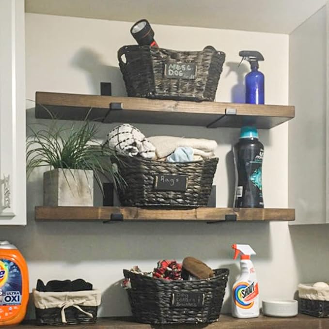 Rustic Shelves with J-Brackets Set of 2, Industrial Shelf, Kitchen Shelves, Solid Wood, Decorative Wall Storage, Heavy Duty, URBANDI (Dark Brown, 12Wx8D)