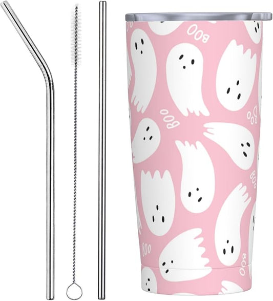 Pink Cute Ghost 20oz Stainless Steel Insulated Tumblers Travel Mug Cup Leakproof Gift For Men Women Hot & Cold Drinks Splash-Proof Lid Metal Straw and Brush