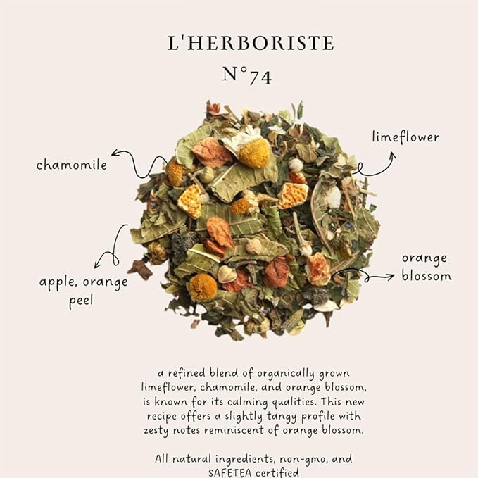 Palais des Thés Caffeine-Free Tea - L'Herboriste N°74 Organic Calming Herbal Blend with Limeflower, Chamomile & Orange Blossom - Premium Tea Bags, Serves 20 Cups