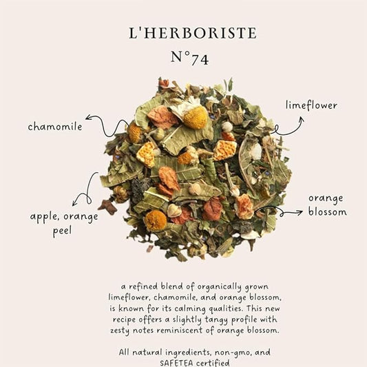 Palais des Thés Caffeine-Free Tea - L'Herboriste N°74 Organic Calming Herbal Blend with Limeflower, Chamomile & Orange Blossom - Premium Tea Bags, Serves 20 Cups