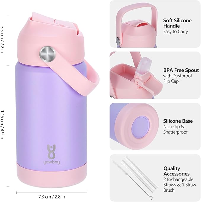 Kids Insulated Water Bottle with Straw Lid & Silicone Handle,12oz Kids Leak Proof Water Bottle for School Boys Girls,Double Wall Vacuum Stainless Steel with Non-slip Silicone Base(Light Purple)