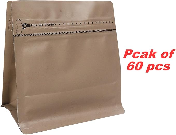 60 Pack High Barrier Stand-Up Coffee Bean Bags with Vented Valve Matte Metallic Heat-Sealable & Resealable Solid Color Pouches (Square,6.1 * 6.5 inch,1/2 lb,Light Brown)
