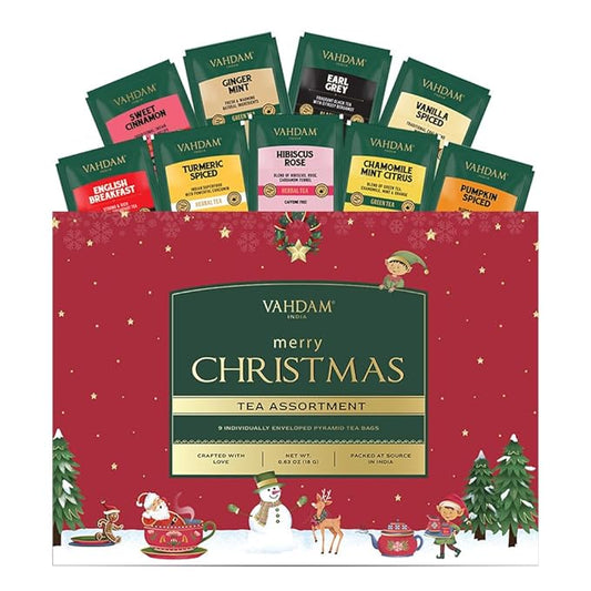 VAHDAM, Merry Christmas Tea Gift Set (9 Individually Wrapped Tea Bags) Limited Edition -Gluten Free, Non GMO | Christmas 2026 Gift Ideas | Christmas Gifts For Women 2026 & Christmas Gifts For Men 2026