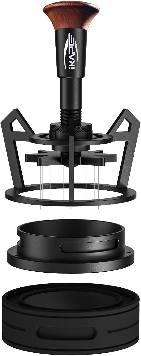 IKAPE Espresso Coffee V3 WDT Tool, 58mm Stirrer Distribution Tool, Equipped with 12-needle Stirrer, Adjustable Needle Height, Coffee Stirrer with Dosing Funnel & Stand