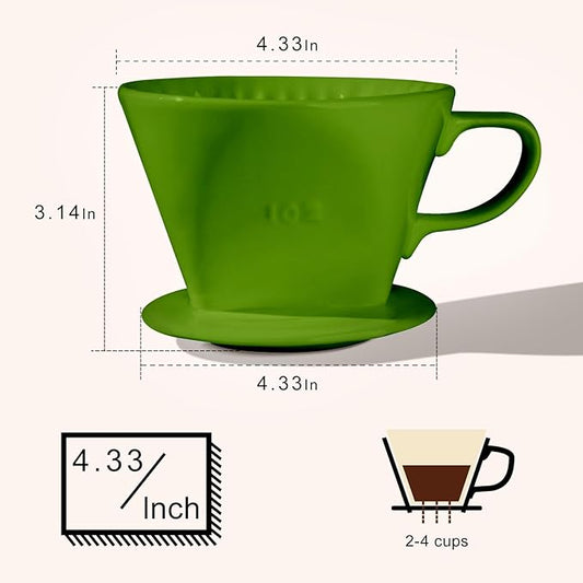 Handmade Pour Over Ceramic Coffee Dripper - Authentic Brewing Experience for Camping, Office, and Home (Dark green)