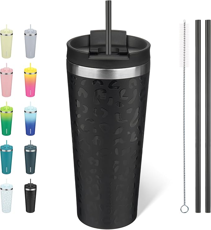BJPKPK 22oz Insulated Tumbler With lid And Straw Stainless Steel Tumblers Travel Coffee Mug Reusable Thermal Cup,Black Leopard