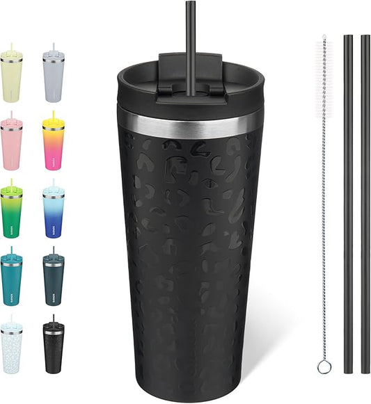 BJPKPK 22oz Insulated Tumbler With lid And Straw Stainless Steel Tumblers Travel Coffee Mug Reusable Thermal Cup,Black Leopard
