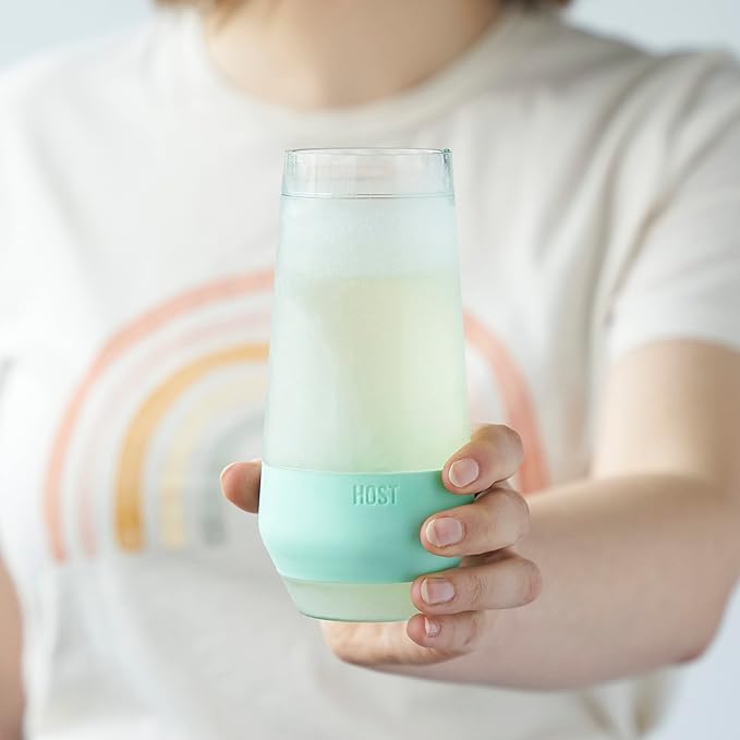 HOST Champagne Freeze Double-Walled Stemless Wine Glasses Freezer Cooling Cups with Active Cooling Gel and Insulated Silicone Grip - 9 Oz Plastic Tumblers, Seafoam Tint, Set of 2