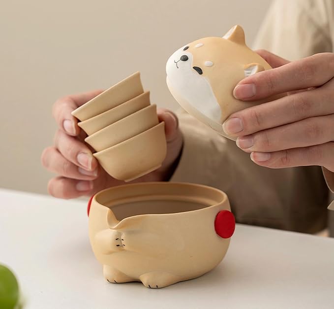 Mini Gaiwan Tea Set, Cute Dog Shiba Inu Teapot with Portable Bag for Travel, Chinese Ceramic Gongfu Teapot with 4 Ceramic Teacups. Gift for Tea Lovers.