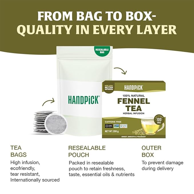 HANDPICK Fennel Seed Tea Bags (100 Count), Authentic Indian Origin with Natural Aroma & Sweetness | 100% Pure, Non GMO & Caffeine Free