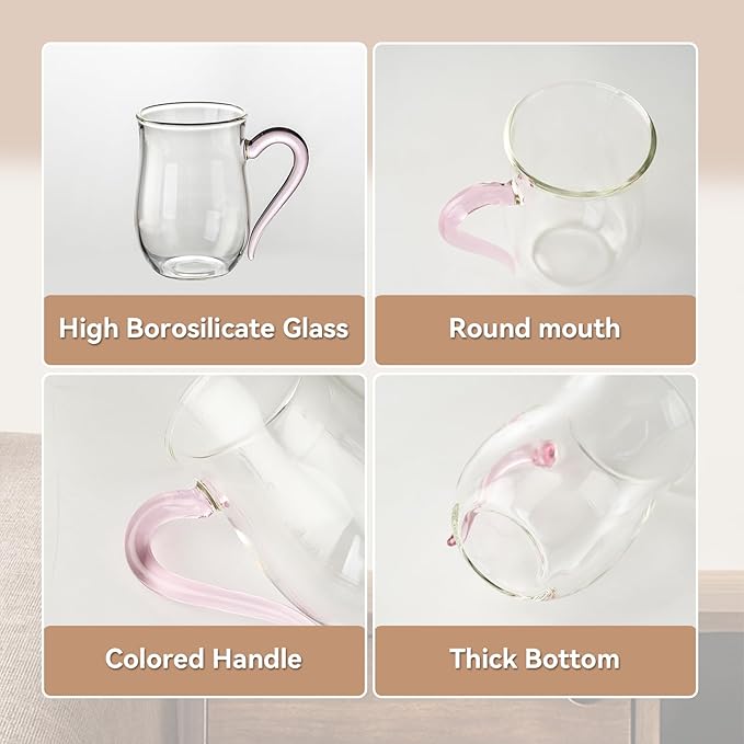 COMI Glass Coffee Cups,8oz Clear Coffee Cups Set of 6,Lightweight Glass Mugs with Colorful Handles,Heat Resistant & Explosion-Proof, Perfect for Home, Cafe, Office
