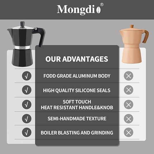 Mongdio Stovetop Espresso Maker Moka Pot, Stove Top Cuban Coffee Maker, Italian Greca Mocha Pot, 6 Espresso Cups, 10 oz - Black