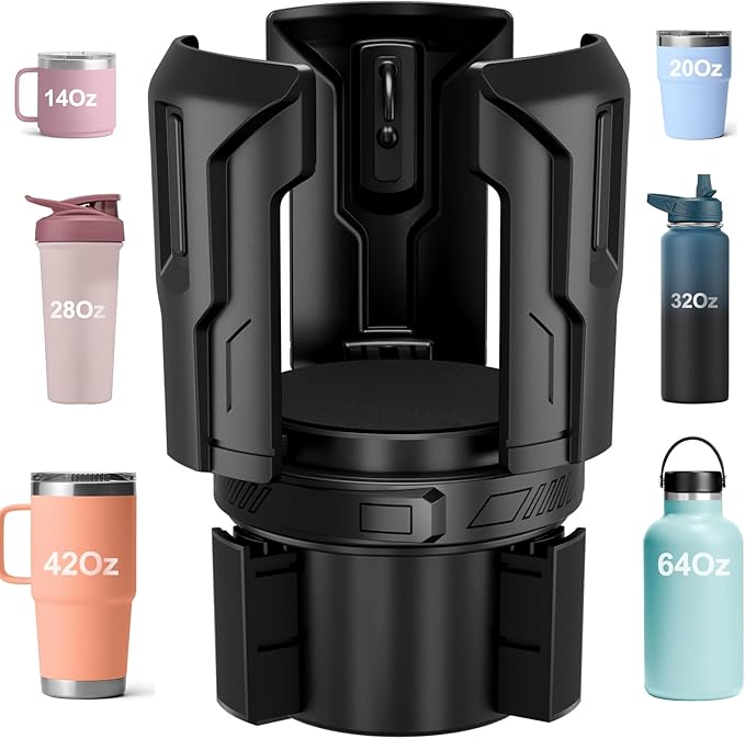 Cup Holder Expander (Adjustable Holder & Base, Auto-Fit Hold, One Button Open), Car Cup Holder Expander for Yeti, Hydro Flask, Nalgene, Owala, Bottles in 2.6"- 4.8" (1 Pack, Black)