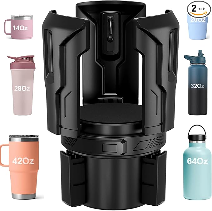 Cup Holder Expander (Adjustable Holder & Base, Auto-Fit Hold, One Button Open), Car Cup Holder Expander for Yeti, Hydro Flask, Nalgene, Owala, Bottles in 2.6"- 4.8" (2 Pack, Black)