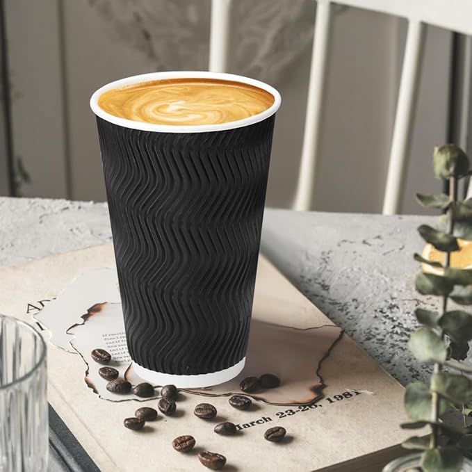 BYSNOW 16 oz Coffee Cups with Lids, 100 Pack Disposable Coffee Cups Insulated Ripple Paper Cups for Water, Juice, Espresso (Black 16 oz)