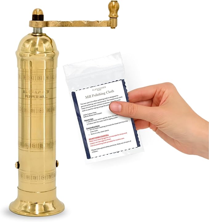 The Original Greek Pepper Mill 8 Inch Tall | European Pepper Mill Grinder with Crank Handle | Manual Pepper Grinder | Peppercorns Refillable - Brass