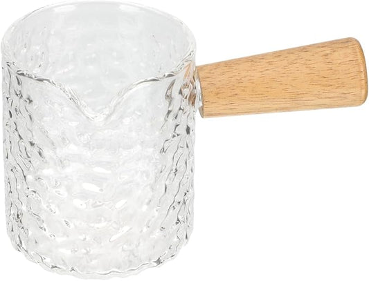 Hammered Glass Espresso Shot Cup with Wood Handle - 100ml / 3.4oz Small Milk Creamer Pitcher with Spout - Heat Resistant Borosilicate Glass Measuring Cup for Coffee, Latte, Syrup, Sauces