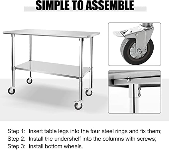 Stainless Steel Table - Metal Table Cart - Commercial Workbench with Caster Wheel - NSF Certified - for Restaurant, Warehouse, Home, Kitchen, Garage,36''x18''