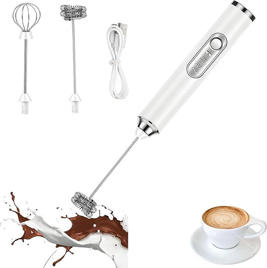 Handheld Milk Frother Wand 3-Speed,Electric Whisk Drink Mixer for Coffee,Milk,Cream,Lattes,Usb Charging with 2 Heads,Coffee Enthusiasts Gift-White