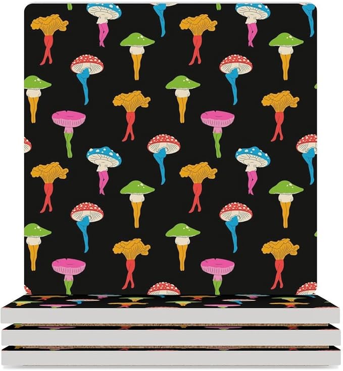 Square-4PCS Botanical Drink Coasters, Square Modern Ceramic Absorbent Coasters, Cartoon Botanical Colorful Mushroom Pattern Decor Desk Coffee Table Coaster for Beverage Cup Tea Coasters