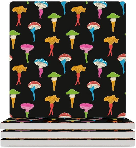 Square-4PCS Botanical Drink Coasters, Square Modern Ceramic Absorbent Coasters, Cartoon Botanical Colorful Mushroom Pattern Decor Desk Coffee Table Coaster for Beverage Cup Tea Coasters