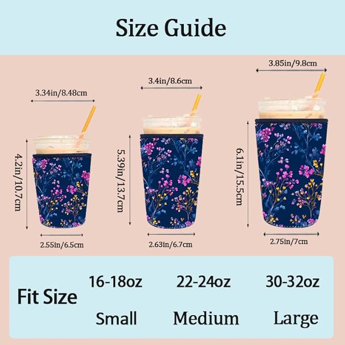 Elegant Flower Pattern Insulated Coffee Sleeve for Women Gifts Floral Navy Iced Coffee Sleeve Set of S/M/L 3-Pack Cups Sleeve
