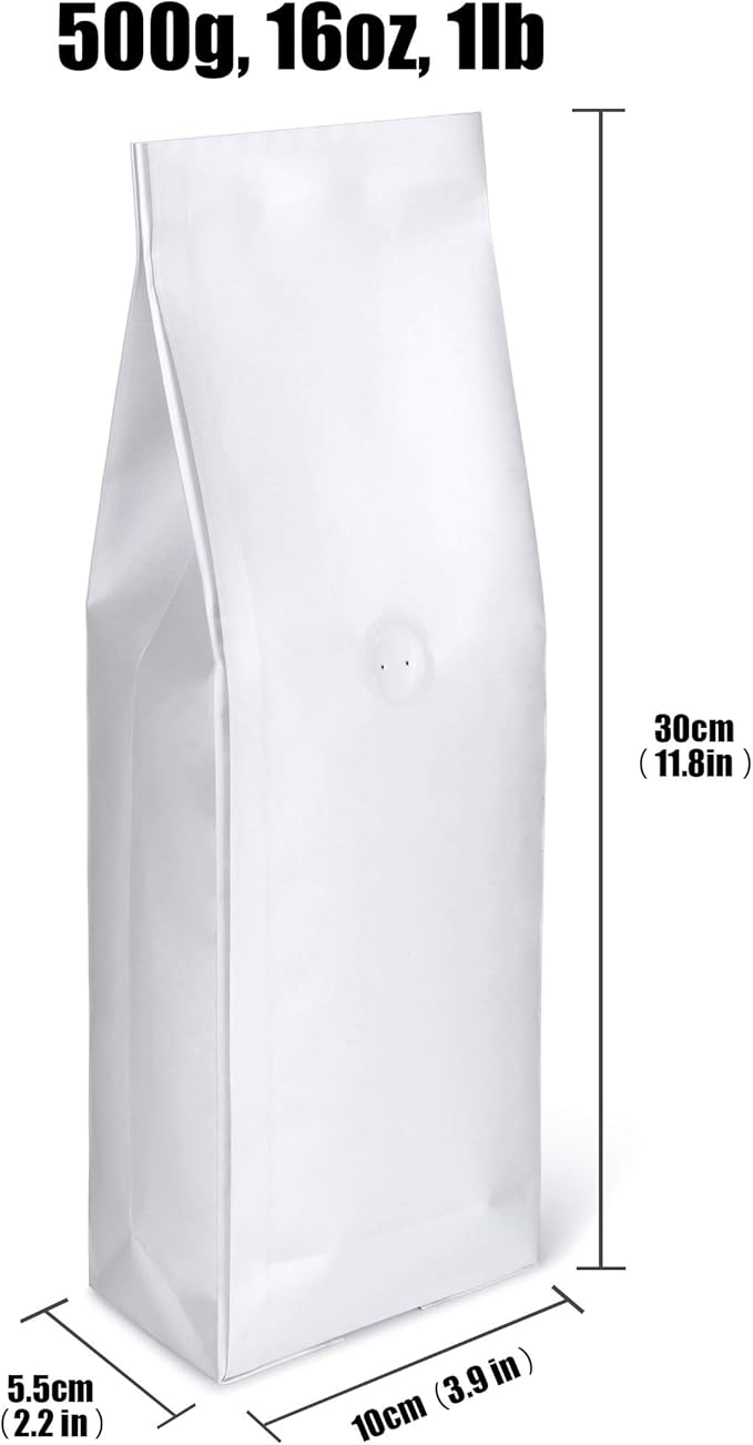 Kraft Paper Stand Up Coffee Bag/Side Gusset Pouch with Flat Bottom Coffee Beans Pouch with One Way Degassing Valve, 50 Pieces (White Kraft, 500g, 16oz, 1lb)