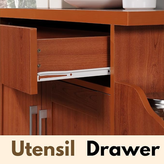 Hodedah Rolling Wood Kitchen Island Cart with Spice Rack, Towel Rack, Utensil Drawer plus Cabinet, White with Beech Top