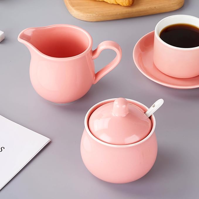 12 OZ Ceramic Sugar and Creamer Set, Coffee Serving Set, 3 Piece Cream Pitcher Sugar Bowl with Lid and Spoon (Pink)