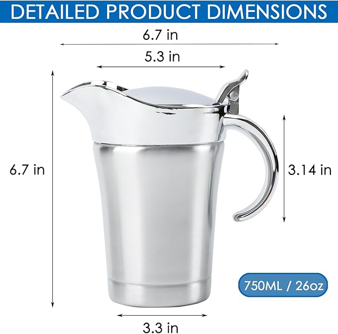 Double Insulated Gravy Boat, 18/8 Stainless Steel Sauce Jug Gravy Boat with Hinged Lid - Ideal for Gravy or Cream at Thanksgiving, Halloween, Christmas, Dishwasher safe (750ML/26 OZ)