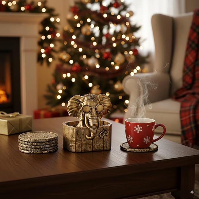 Cabin Coasters Set 6 Full Size Non-Slip Bar Coasters, Indoor Christmas Decorations, Man Cave Gifts for Men, Rustic Handmade Decor for The Home (Elephant)