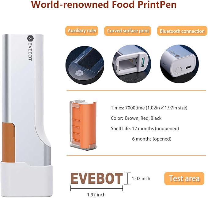 EVEBOT Handheld Food PrintPen Portable Mini Coffee Latte Art Printer, Macaron Cookie DIY Design PrintPen, Christmas Gifts Bluetooth 4.2-1PCS Brown Color
