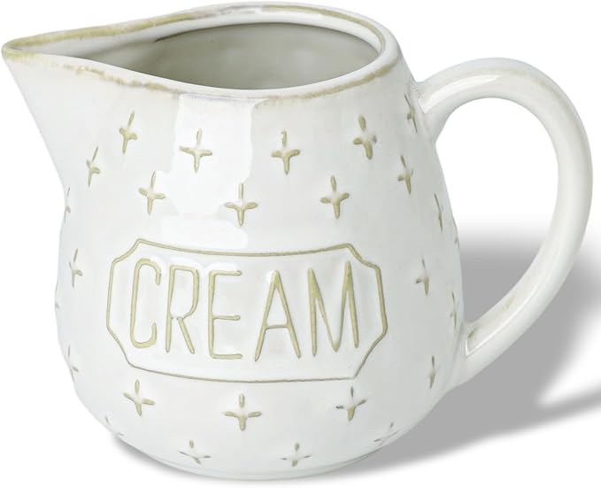 Creamer Pitcher,10 OZ Ceramic Creamer Pitcher with Handle for Milk, Sauces, Salad, Coffee, Farmhouse Kitchen Decor, Microwave & Freezer Safe (Vintage White)