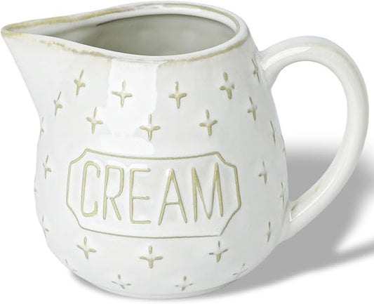 Creamer Pitcher,10 OZ Ceramic Creamer Pitcher with Handle for Milk, Sauces, Salad, Coffee, Farmhouse Kitchen Decor, Microwave & Freezer Safe (Vintage White)