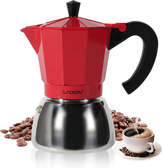 Stovetop Espresso Maker, 6Cup Moka Pot, Espresso Machine Compatible with Induction Cooktops, 300ml Stainless Steel & Aluminum Cuban Coffee Maker for Cafetera Cubana, Red
