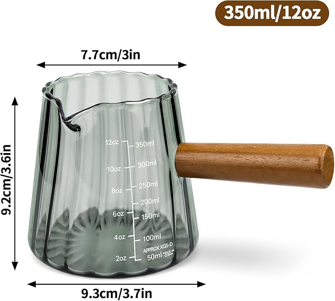 Espresso Measuring Cup 12 Oz, Espresso Glass Cups with Wood Handle, Milk Frothing Cup, Espresso Cup for Coffee, Milk, Tea or Maple Syrup Serving (Gray, 12 oz)